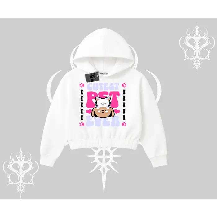 Best Pet Ever Baskılı Kapşonlu Crop Sweatshirt