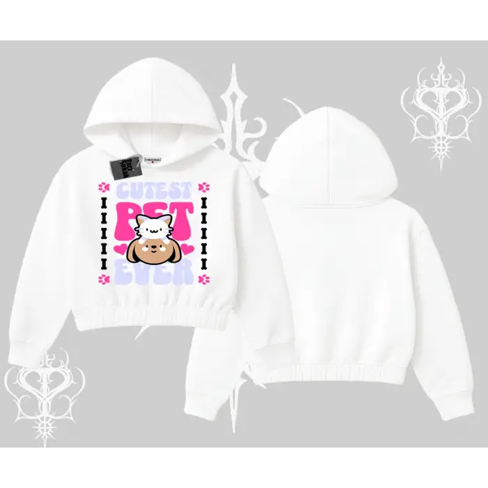 Best Pet Ever Baskılı Kapşonlu Crop Sweatshirt