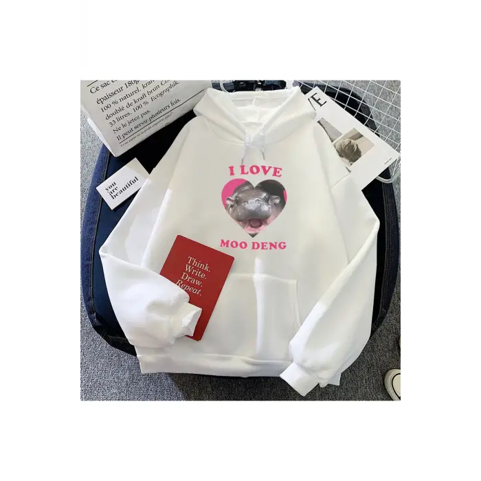 Beyaz Ben aşk Moo Deng grafik Hoodies Hipposevimli