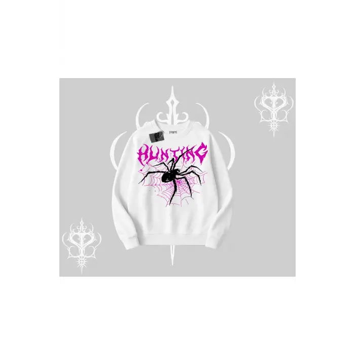 Beyaz Biskilet Yaka Sweatshirt Autumn Spider