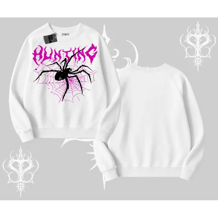 Beyaz Biskilet Yaka Sweatshirt Autumn Spider