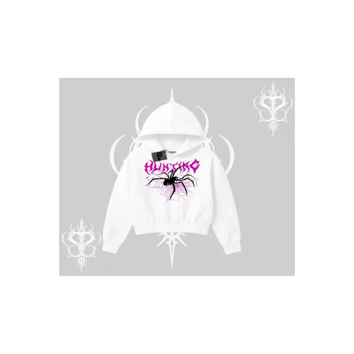 Beyaz Crop Kapşonlu Sweatshirt Autumn Spider