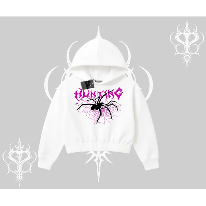 Beyaz Crop Kapşonlu Sweatshirt Autumn Spider