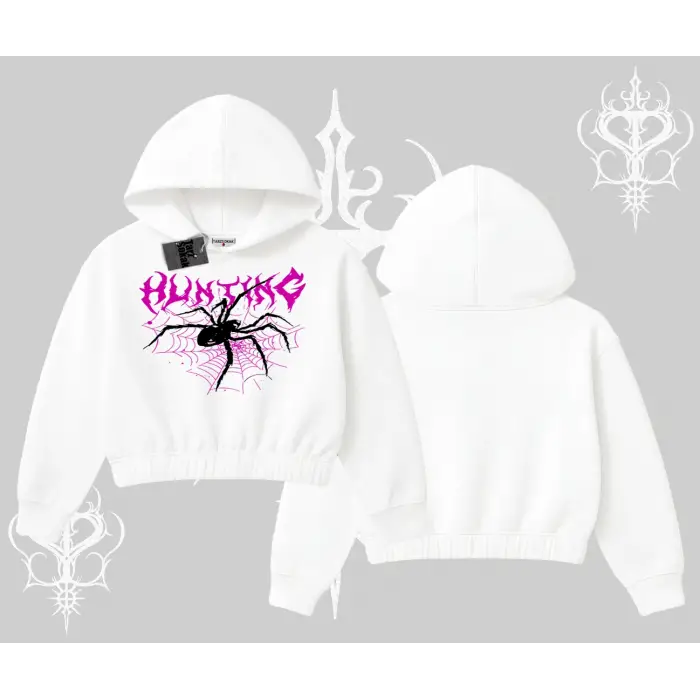 Beyaz Crop Kapşonlu Sweatshirt Autumn Spider