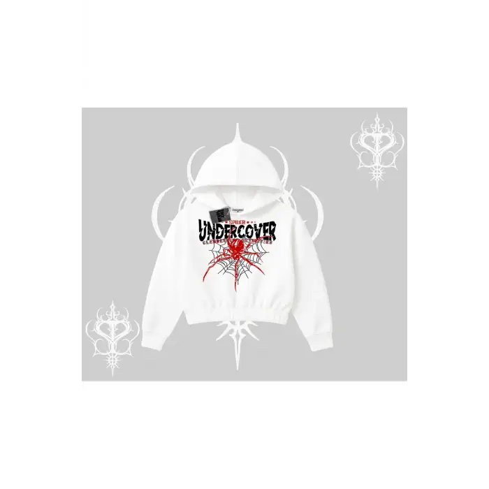 Beyaz Crop Kapşonlu Sweatshirt Spider Undercover