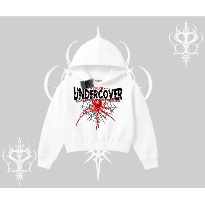 Beyaz Crop Kapşonlu Sweatshirt Spider Undercover