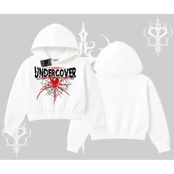 Beyaz Crop Kapşonlu Sweatshirt Spider Undercover