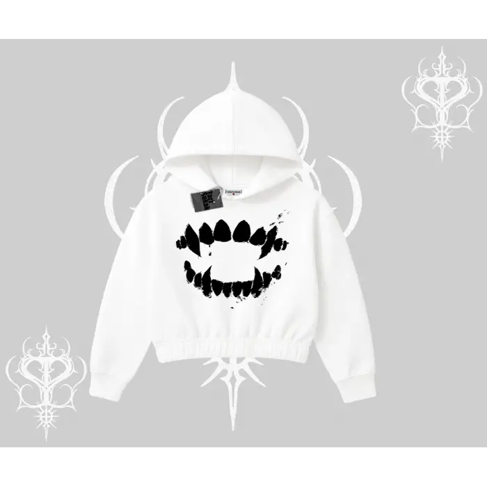 Beyaz Crop Kapşonlu Sweatshirt Vampir Dış