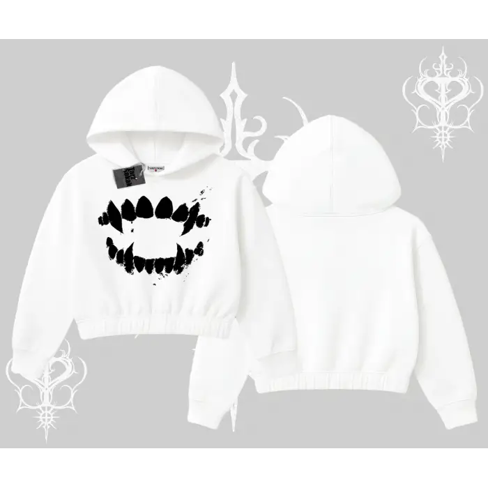 Beyaz Crop Kapşonlu Sweatshirt Vampir Dış
