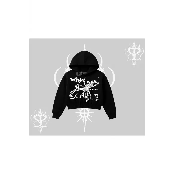 Beyaz Crop Kapşonlu Sweatshirt Why are u Scared