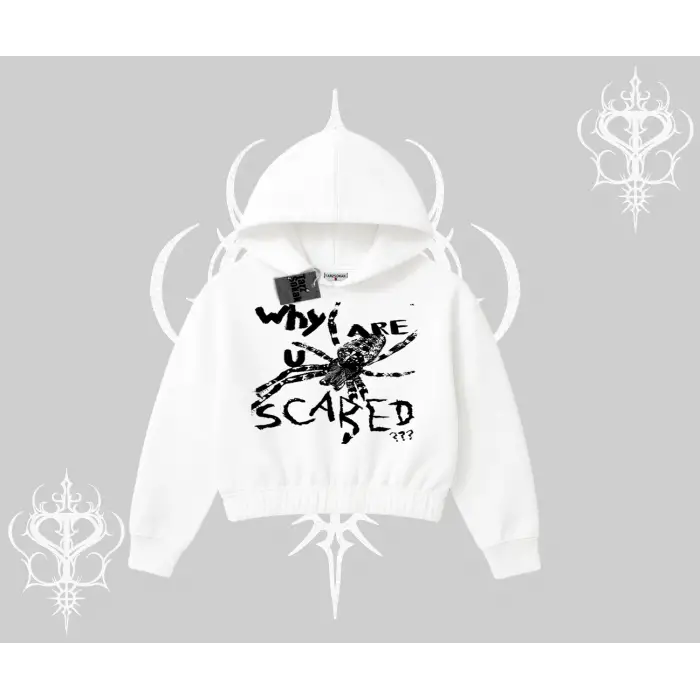 Beyaz Crop Kapşonlu Sweatshirt Why are u Scared