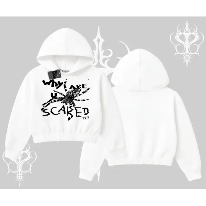 Beyaz Crop Kapşonlu Sweatshirt Why are u Scared