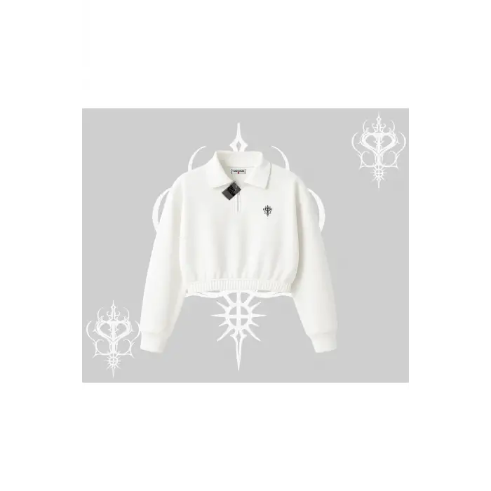 Beyaz Crop Yarım Fermuarlı Sweatshirt Özel logolu
