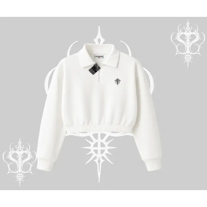 Beyaz Crop Yarım Fermuarlı Sweatshirt Özel logolu