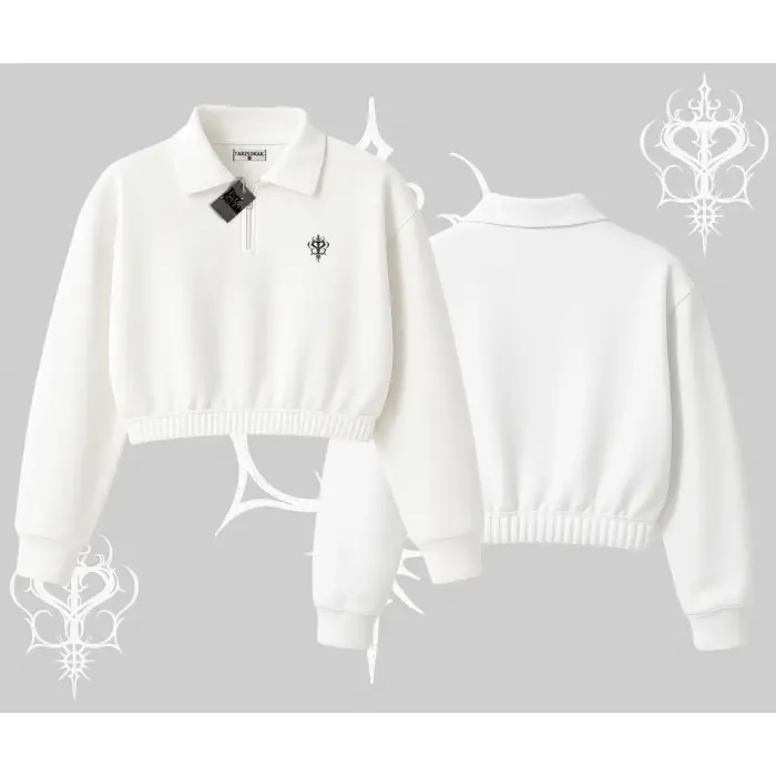 Beyaz Crop Yarım Fermuarlı Sweatshirt Özel logolu