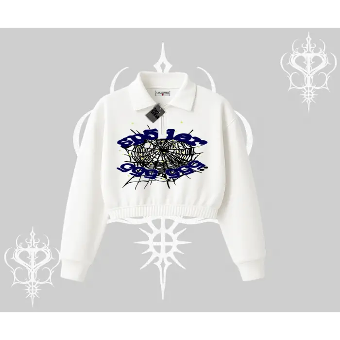 Beyaz Crop Yarım Fermuarlı Sweatshirt Sp55der