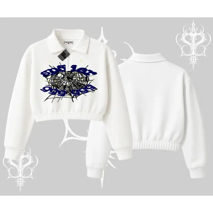 Beyaz Crop Yarım Fermuarlı Sweatshirt Sp55der
