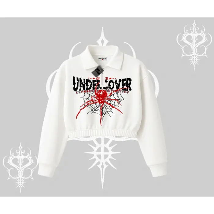Beyaz Crop Yarım Fermuarlı Sweatshirt Spider Undercover