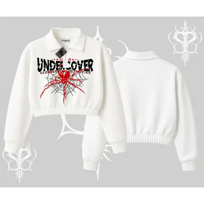 Beyaz Crop Yarım Fermuarlı Sweatshirt Spider Undercover