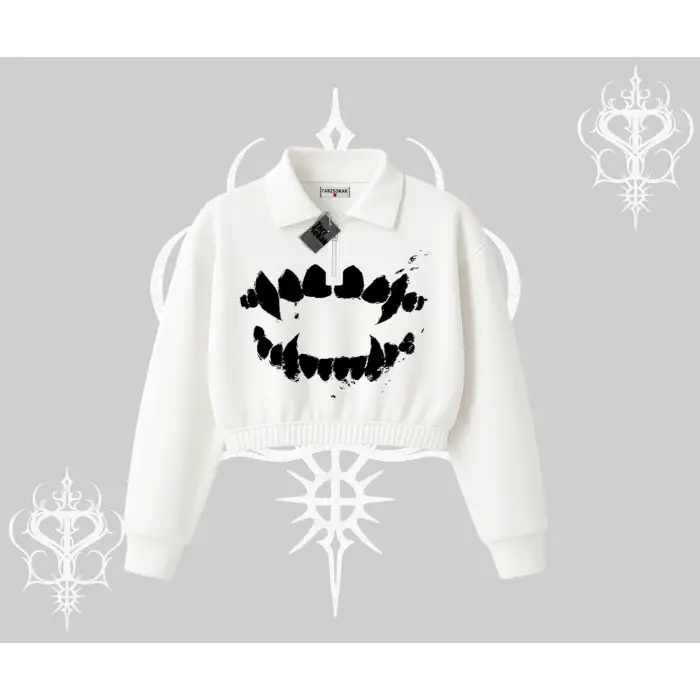 Beyaz Crop Yarım Fermuarlı Sweatshirt Vampir Dış