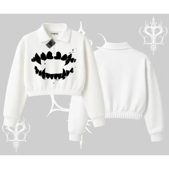 Beyaz Crop Yarım Fermuarlı Sweatshirt Vampir Dış