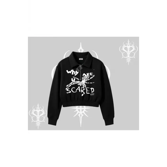Beyaz Crop Yarım Fermuarlı Sweatshirt Why are u Scared