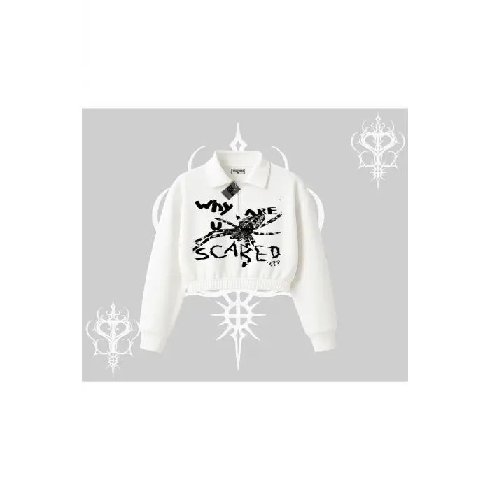 Beyaz Crop Yarım Fermuarlı Sweatshirt Why are u Scared