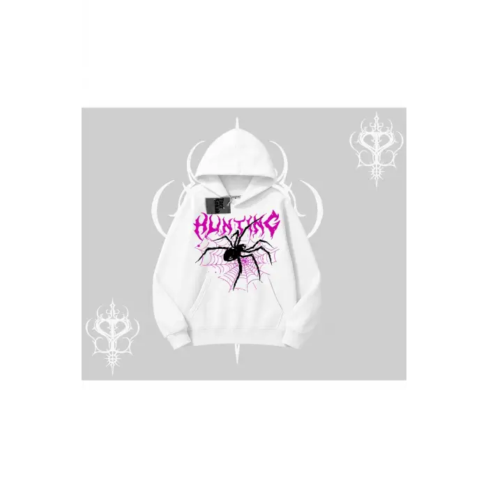 Beyaz Kapşonlu Sweatshirt Autumn Spider