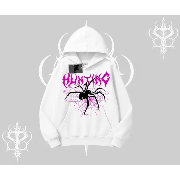 Beyaz Kapşonlu Sweatshirt Autumn Spider