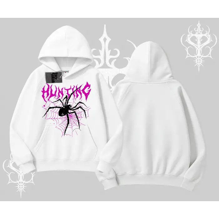Beyaz Kapşonlu Sweatshirt Autumn Spider