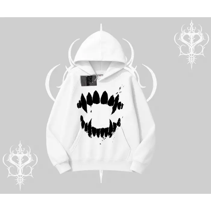 Beyaz Kapşonlu Sweatshirt Vampir Dış