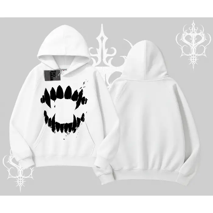 Beyaz Kapşonlu Sweatshirt Vampir Dış