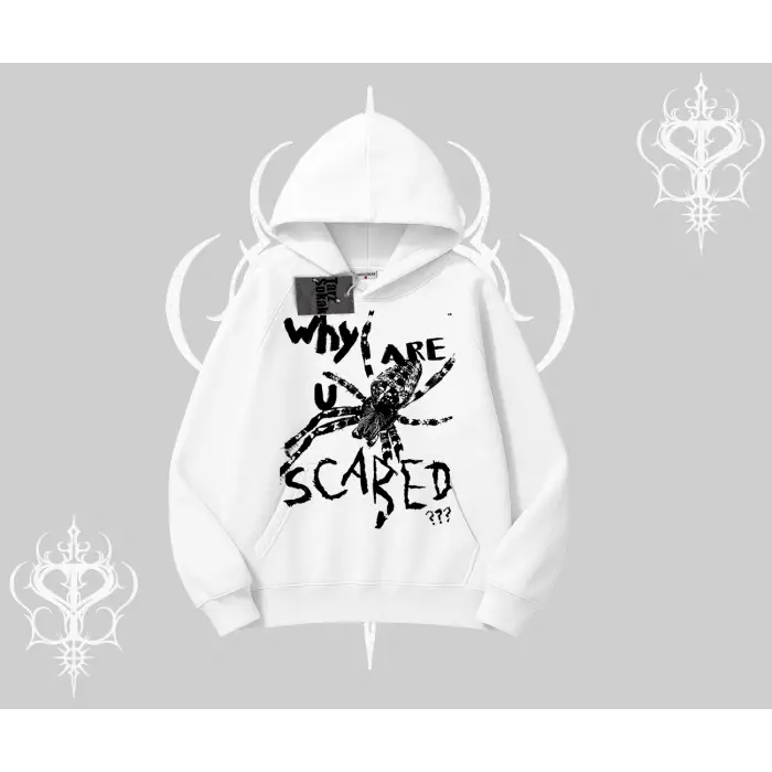 Beyaz Kapşonlu Sweatshirt Why are u Scared