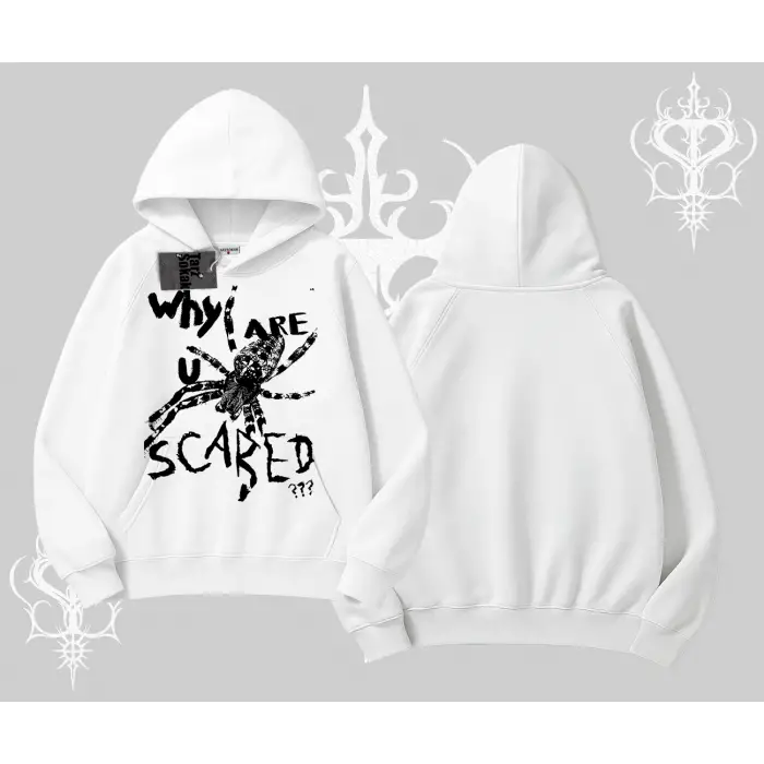 Beyaz Kapşonlu Sweatshirt Why are u Scared