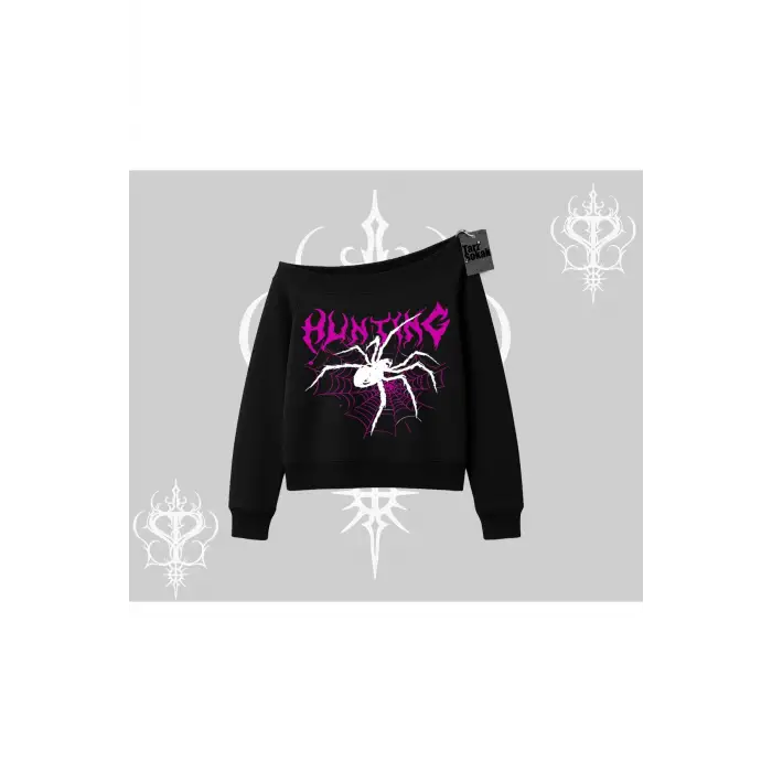 Beyaz Kayık Yaka Sweatshirt Autumn Spider
