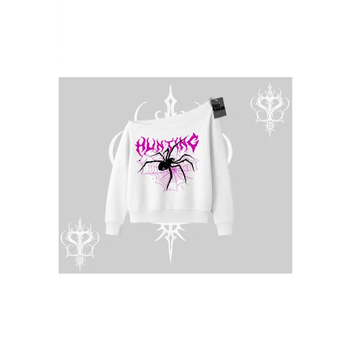 Beyaz Kayık Yaka Sweatshirt Autumn Spider