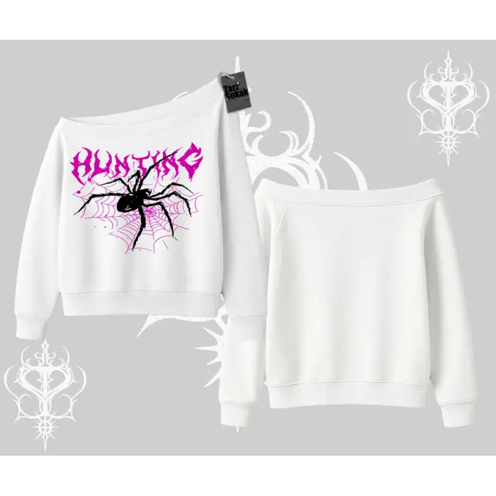 Beyaz Kayık Yaka Sweatshirt Autumn Spider
