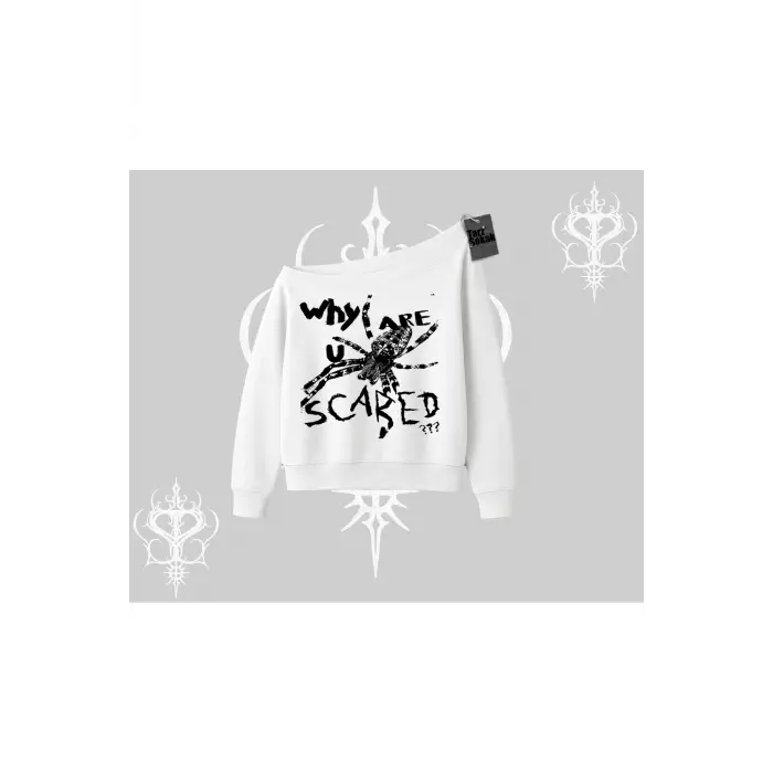 Beyaz Kayık Yaka Sweatshirt Why are u Scared