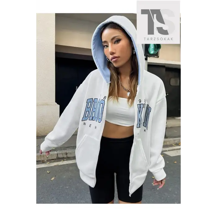 Beyaz Mavi Kapüşonlu Fermuarli Brooklyn Oversize
