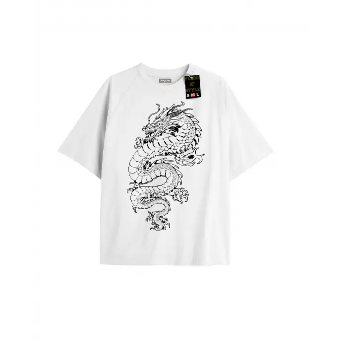 Beyaz Oversize T-shirt ejdarha Özel tasarım