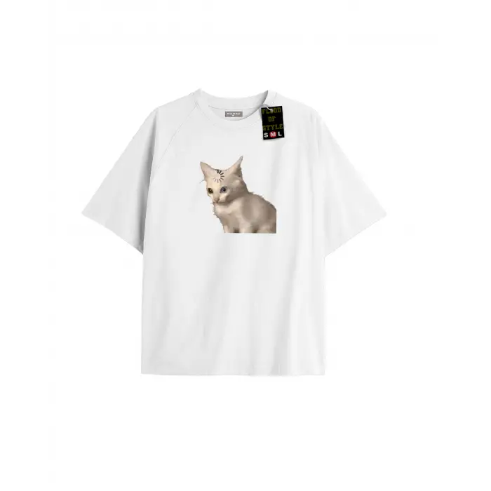 Beyaz Oversize T-shirt şaşkın kedi Özel tasarım