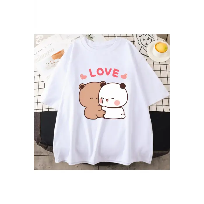 Beyaz Panda ayı aşk Bubu Dudu çift baskı yaz estetik kore Tee