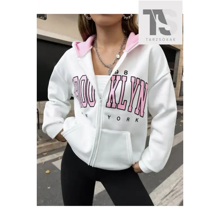 Beyaz Pembe Kapüşonlu Fermuarli Brooklyn Oversize
