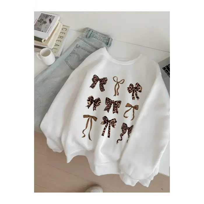 Beyaz Retro Leopar Baskı Yay