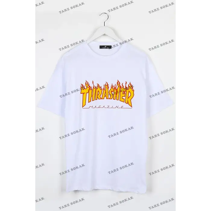 Beyaz Trasher Baskılı Unisex Ovesize
