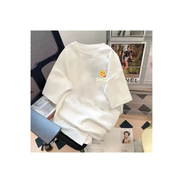 Beyaz Trendy Yaz Beş Kollu Üst Mor Çiçek Baskı Basit Çok Yönlü Bisiklet Yaka Üst Mor Çiçek G