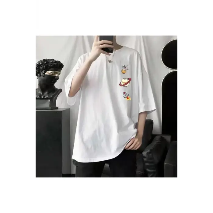 Beyaz Unisex Astronot Saturn Tişört