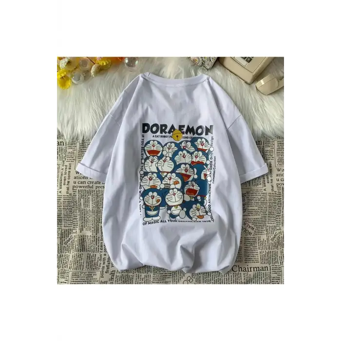 Beyaz Unisex Sırt Baskılı Doraemon Tişört