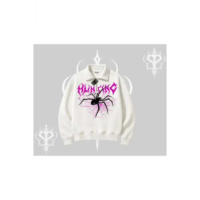 Beyaz Yarım Fermuarlı Sweatshirt Autumn Spider