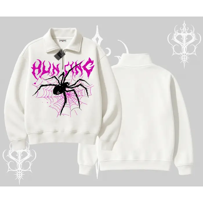 Beyaz Yarım Fermuarlı Sweatshirt Autumn Spider